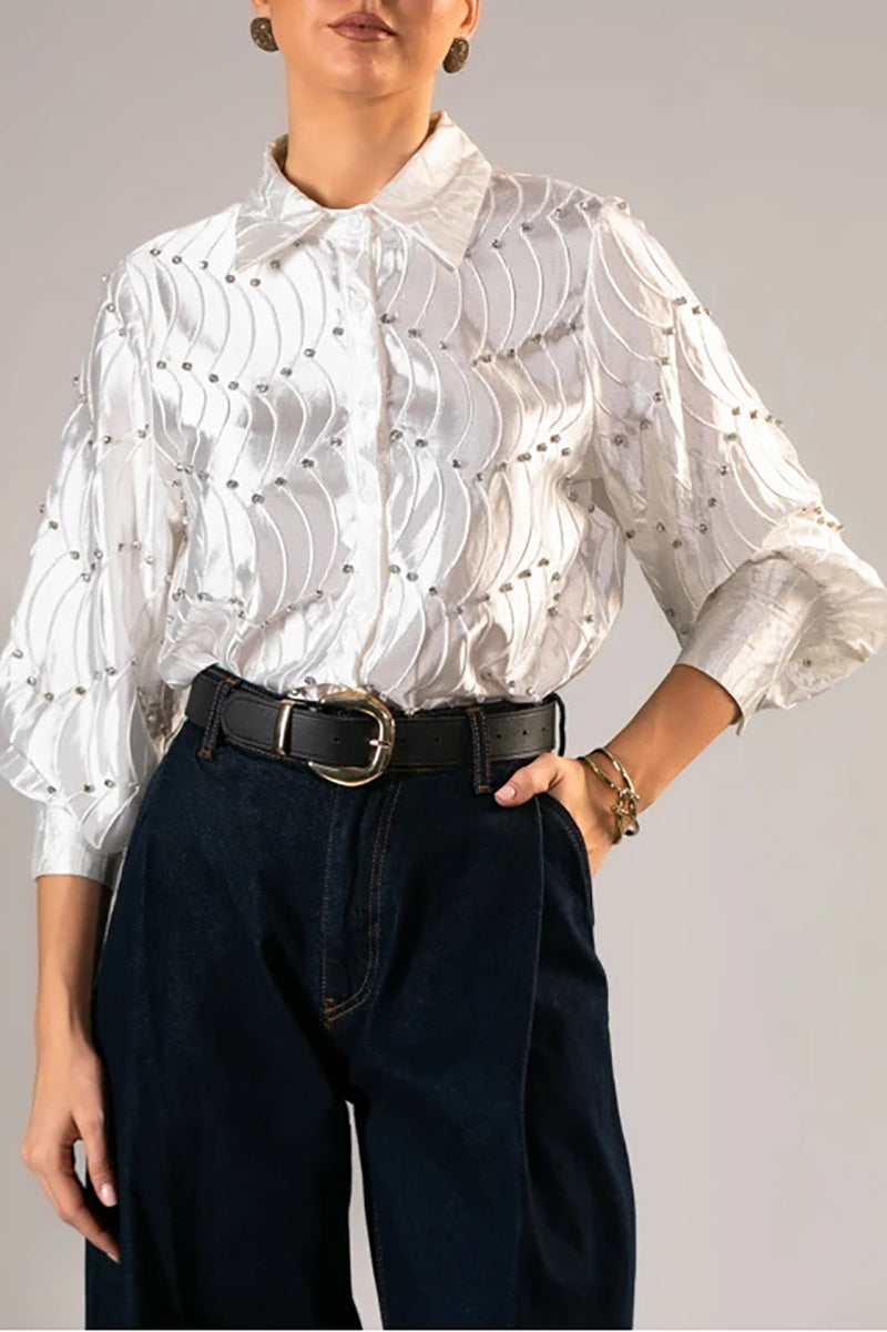 Silk satin textured water ripple pleated loose-fitting rhinestone long-sleeved shirt（BUY 2 FREE SHIPPING)