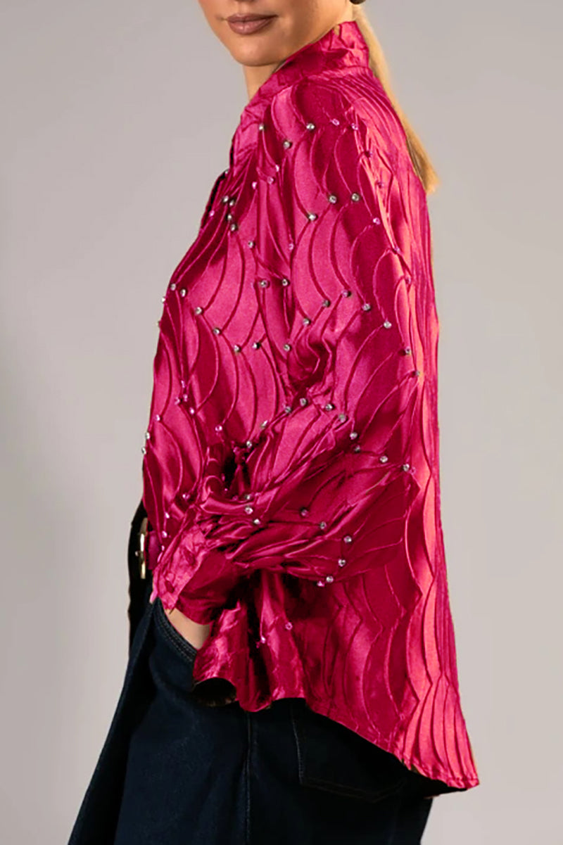 Silk satin textured water ripple pleated loose-fitting rhinestone long-sleeved shirt（BUY 2 FREE SHIPPING)