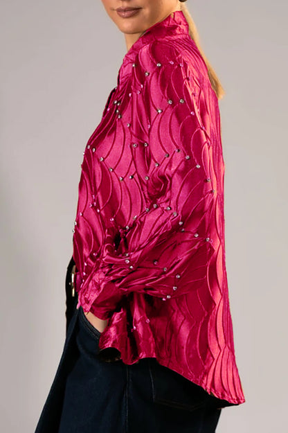 Silk satin textured water ripple pleated loose-fitting rhinestone long-sleeved shirt（BUY 2 FREE SHIPPING)