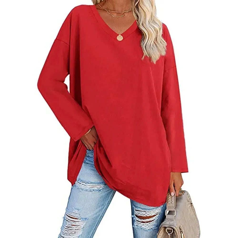 WOMENS LOOSE FASHION V-NECK TOP SHORT & LONG OPTION