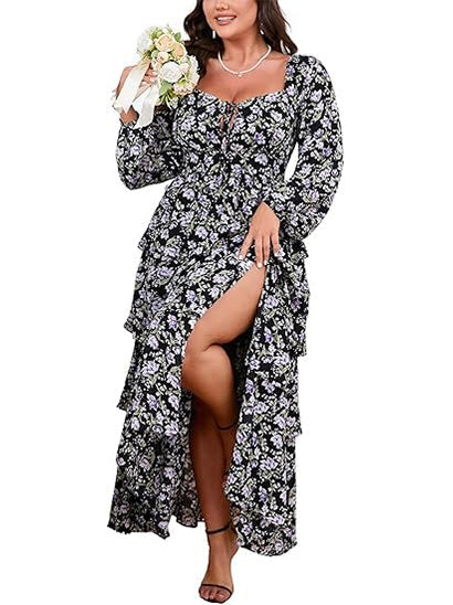 Women's Floral Ruffle Long Sleeves Layered Maxi Dress