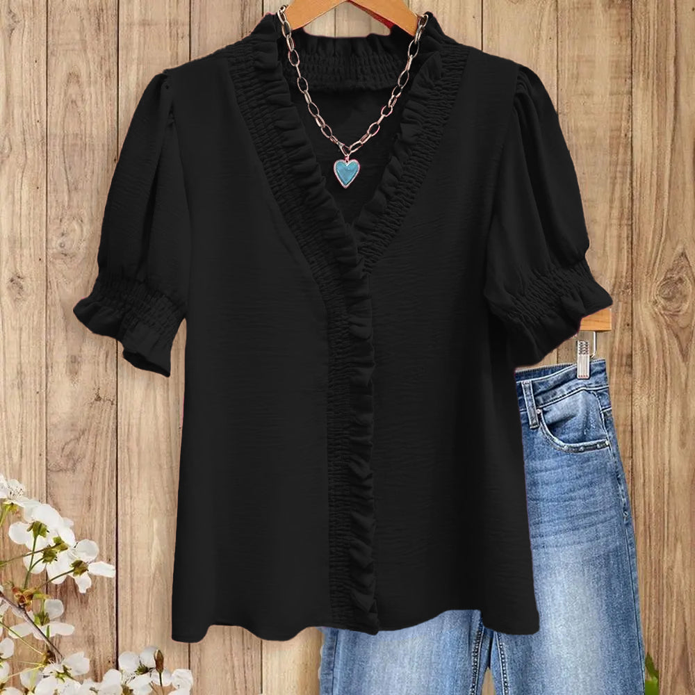 Womens Smocked Ruffle Trim V-Neck Blouse