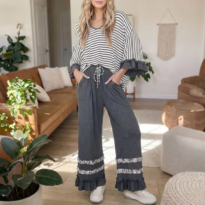 Women's color-blocked three-quarter sleeve striped V-neck ruffle two-piece pantsuit