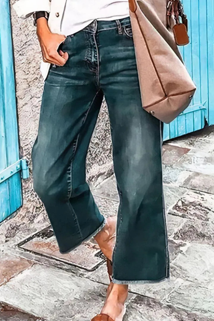 Midiross Washed Raw Hem Mid Waist Straight Leg Jeans(buy 2 free shipping)