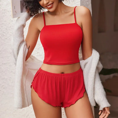 Women Cami Ribbed Pajama Set Sexy Side Slit Sleepwear Soft Lingerie 2 Piece PJ Set Cute Elastic
