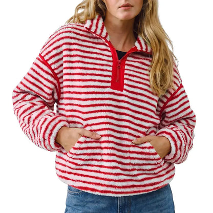 Women's Striped Fleece Pullover, Zip Stand Collar Fuzzy Sweatshirt