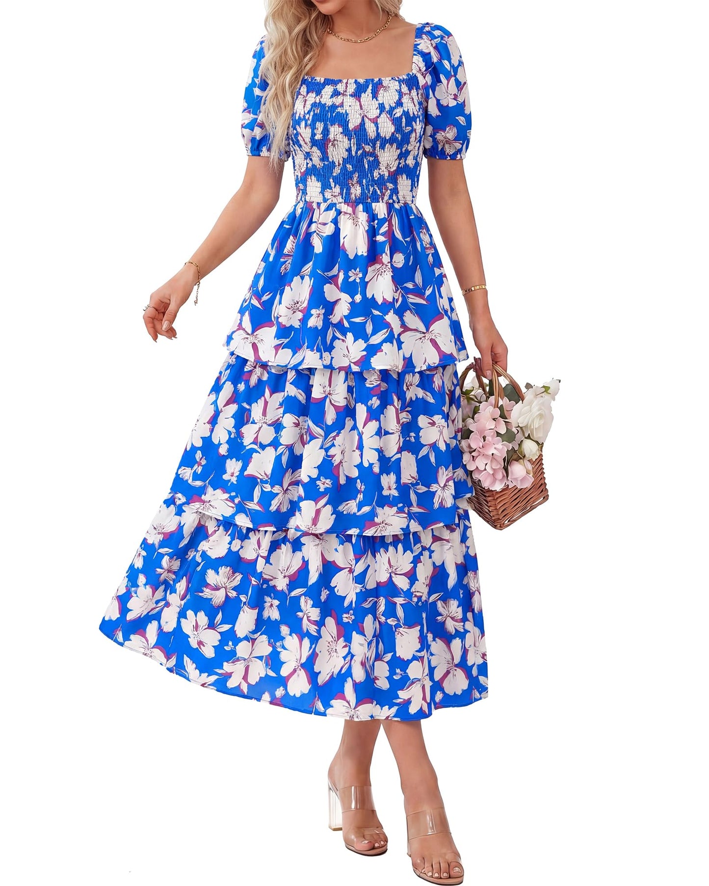 Women's Floral Square Neck Puff Short Sleeve Smocked Tiered Dress