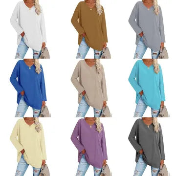 HOT SALE-WOMENS LOOSE FASHION V-NECK TOP SHORT & LONG OPTION