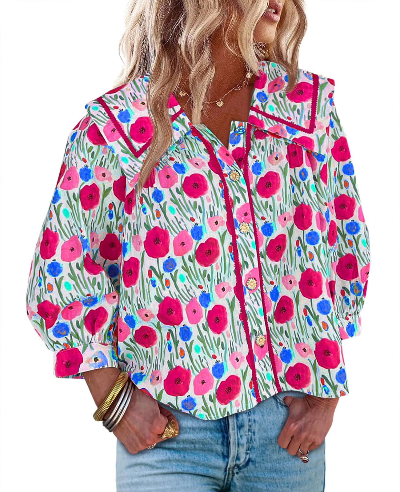 HOT SALE Women's Floral Collared 3/4 Lantern Sleeve Button Down Shirt