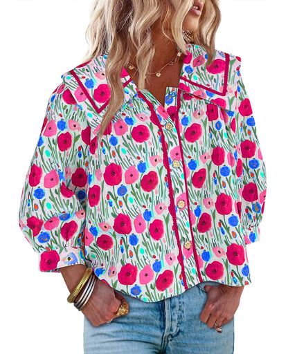 HOT SALE Women's Floral Collared 3/4 Lantern Sleeve Button Down Shirt