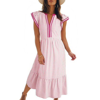 Womens Dresses 2026 Summer V-Neck Ruffle Cap Sleeve Empire Waist Flowy Striped Beach Midi Maxi Dress(buy 2 free shipping)
