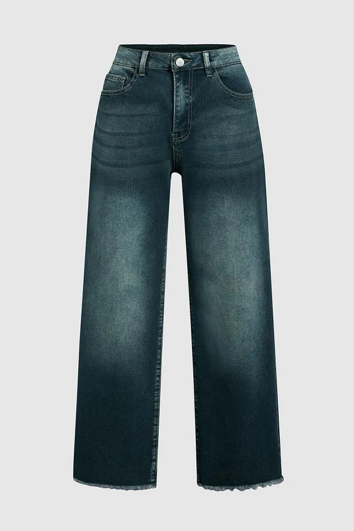 Midiross Washed Raw Hem Mid Waist Straight Leg Jeans(buy 2 free shipping)