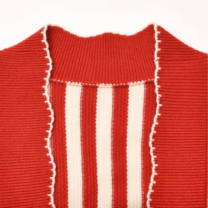 Women Striped Scalloped Trim Open Front Knit Cardigan