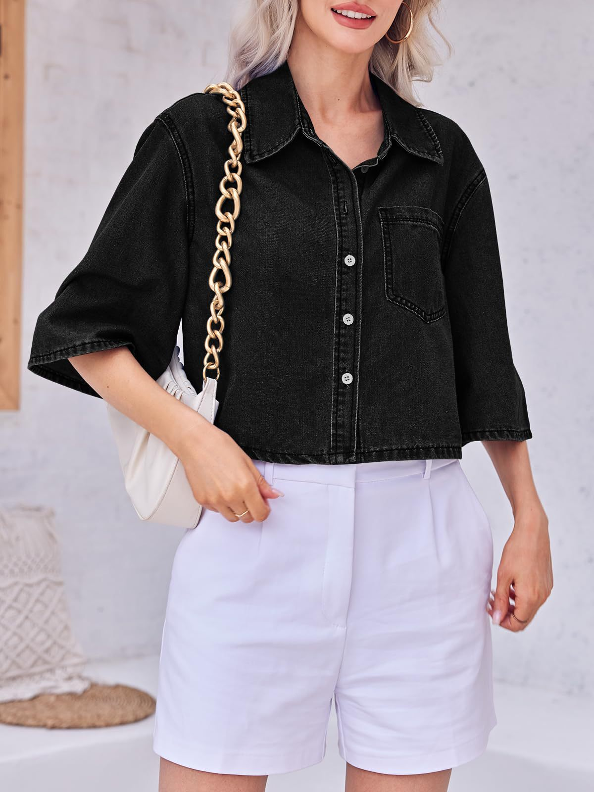 Women's Cropped Oversized Short Sleeve Denim Shirt