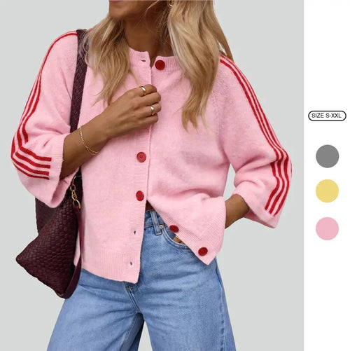 Women's Striped Three-Quarter Sleeve Button-Up Knit Cardigan