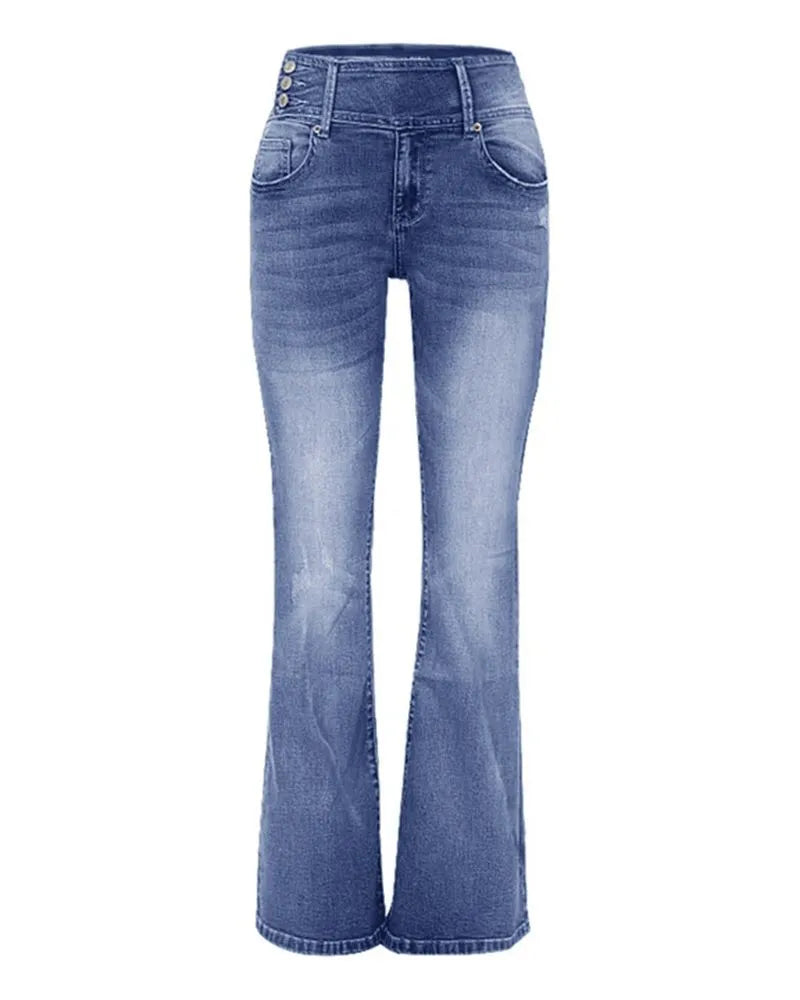 VINTAGE BUTTON SIDE DESIGN MID WAIST STRETCH FLARE JEANS(Buy 2 Free Shipping)
