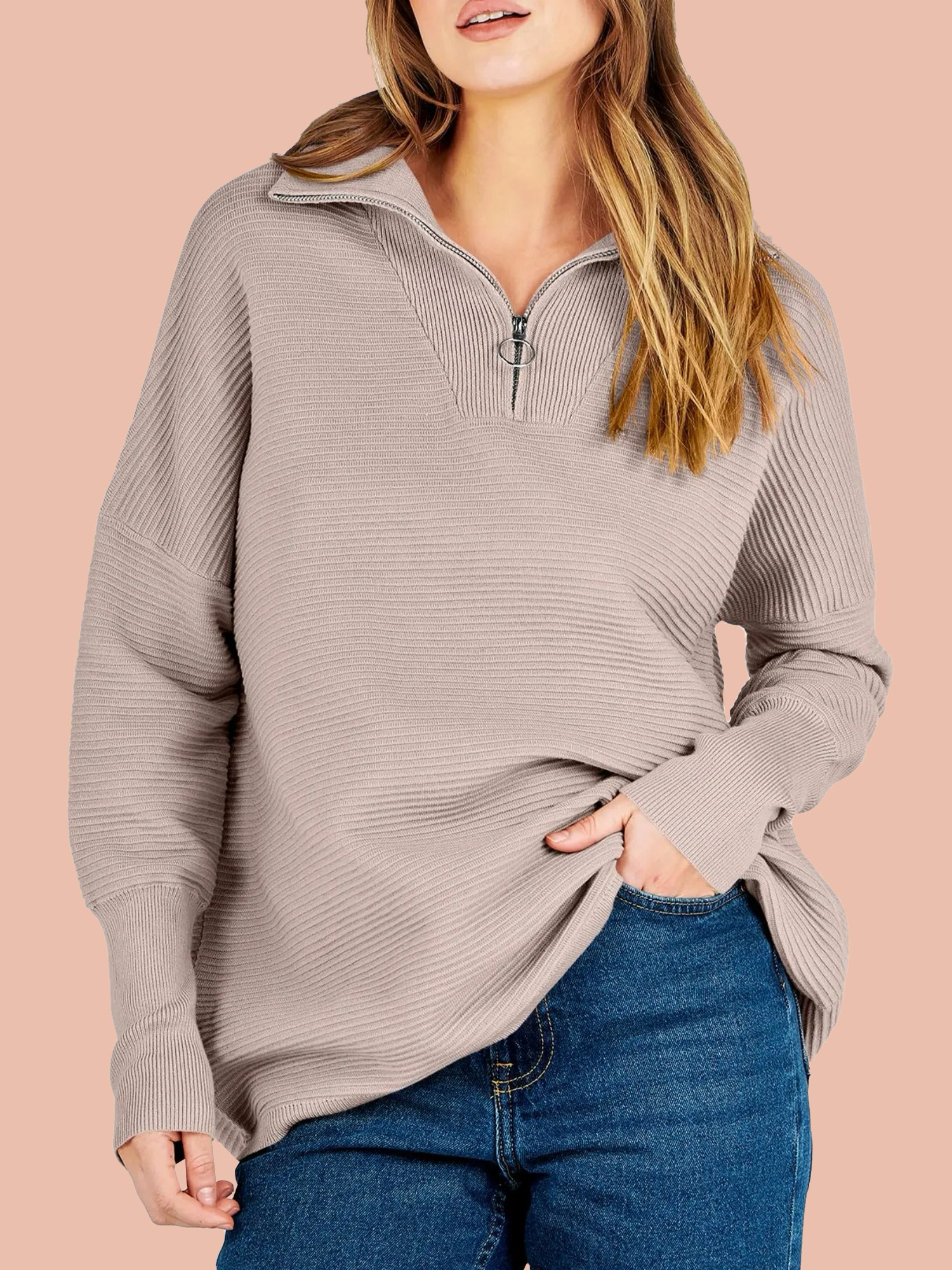 Women's Quarter Zip Rib Knit Cozy Pullover Sweaters  (Buy 2 Free Shipping)
