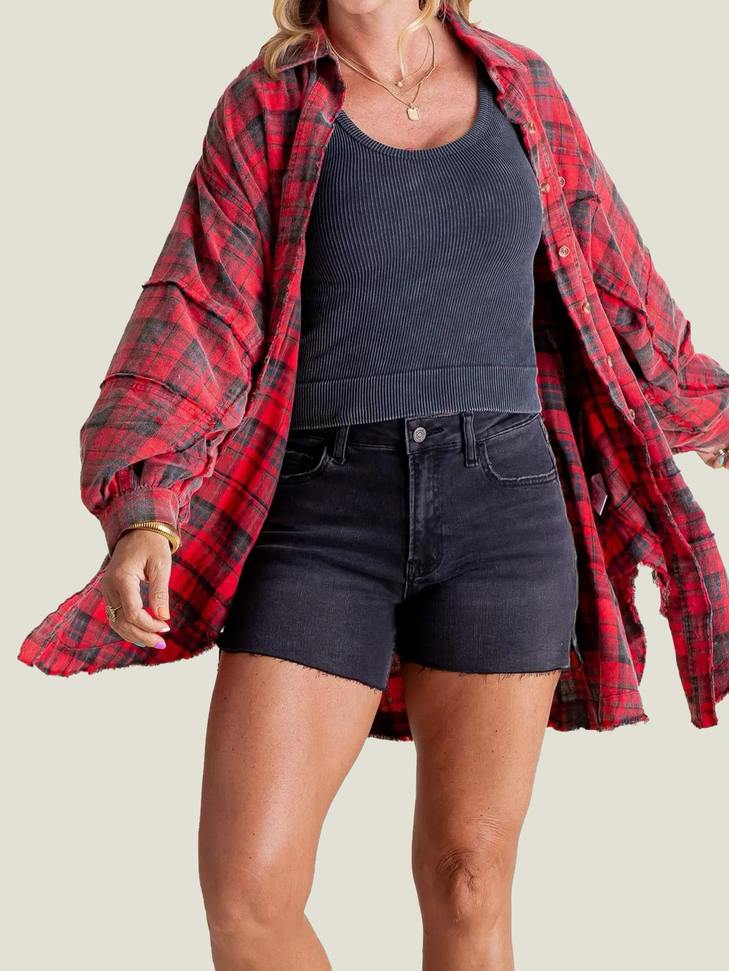 Women's Mineral Washed Button Down Plaid Flannel Shirt (Buy 2 Free Shipping)