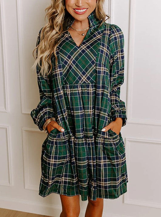 Women's Plaid Print Frilly Collar Long Sleeve Mini Dress (Buy 2 Free Shipping)