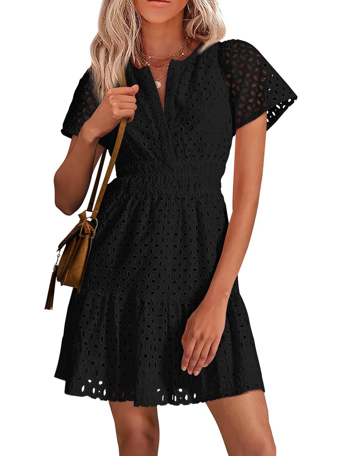 ⏰Hot Sale-Women's V Neck A Line Hollow Out Lace Dress
