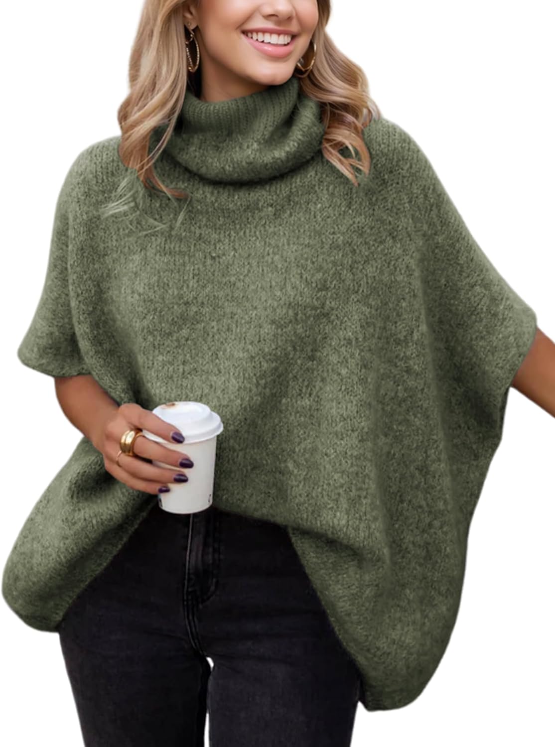 Hot Sale-Women's Turtleneck Cropped Bat Sleeve Knit Top