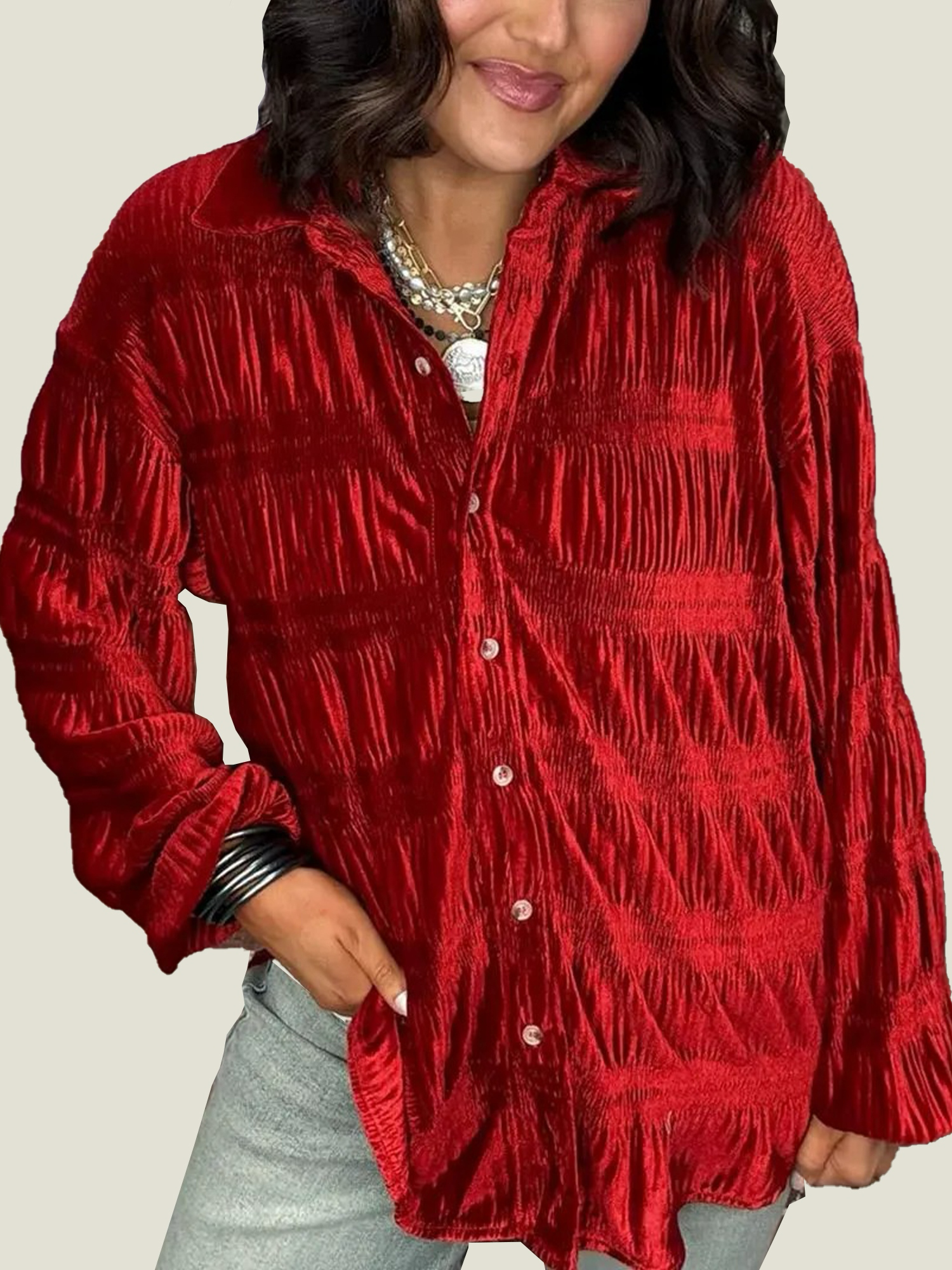 Women's Shirred Velvet Button Down Top (Buy 2 Free Shipping)