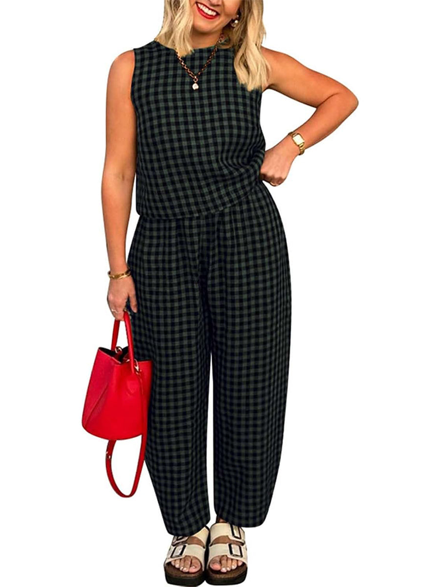 HOT SALE Women's Gingham Sleeveless Tank Top & Barrel Pants Set