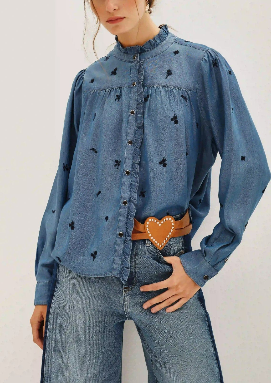 Women's straight-cut long-sleeved round neck ruffled Tencel denim shirt（buy 2 free shipping)