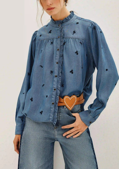 Women's straight-cut long-sleeved round neck ruffled Tencel denim shirt（buy 2 free shipping)