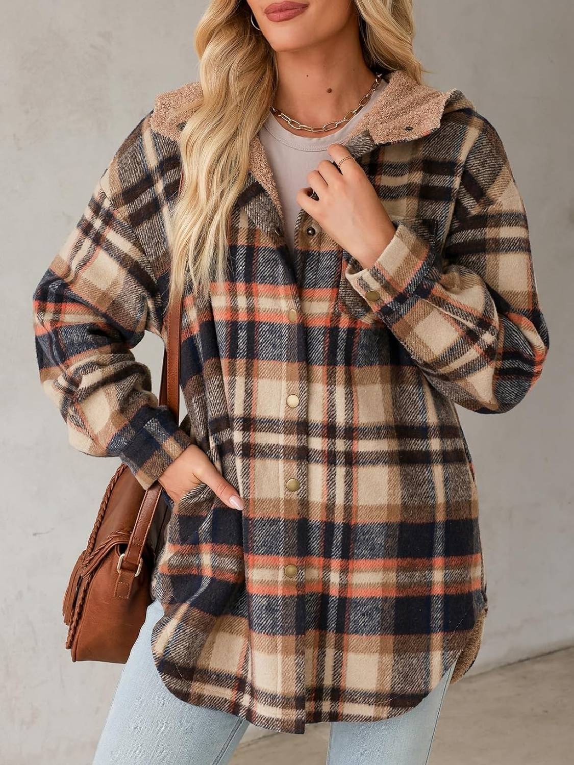 Women's Flannel Hooded Button down Fleece Plaid Shacket