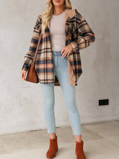 Women's Flannel Hooded Button down Fleece Plaid Shacket