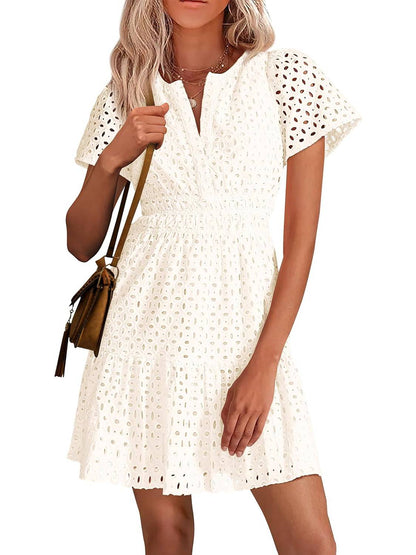 ⏰Hot Sale-Women's V Neck A Line Hollow Out Lace Dress
