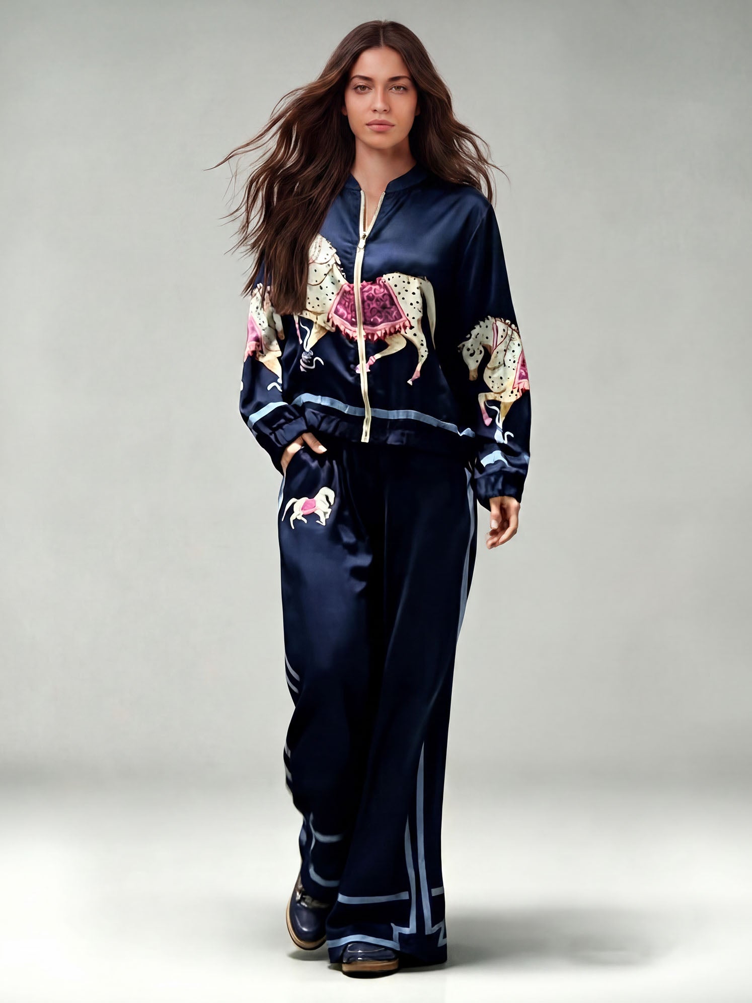 Exquisite Satin Horse Print Zip-Up Shirt