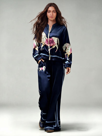 Exquisite Satin Horse Print Zip-Up Shirt