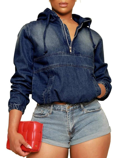Women's Half Zip Denim Hoodie Pullover Jackets With Pocket