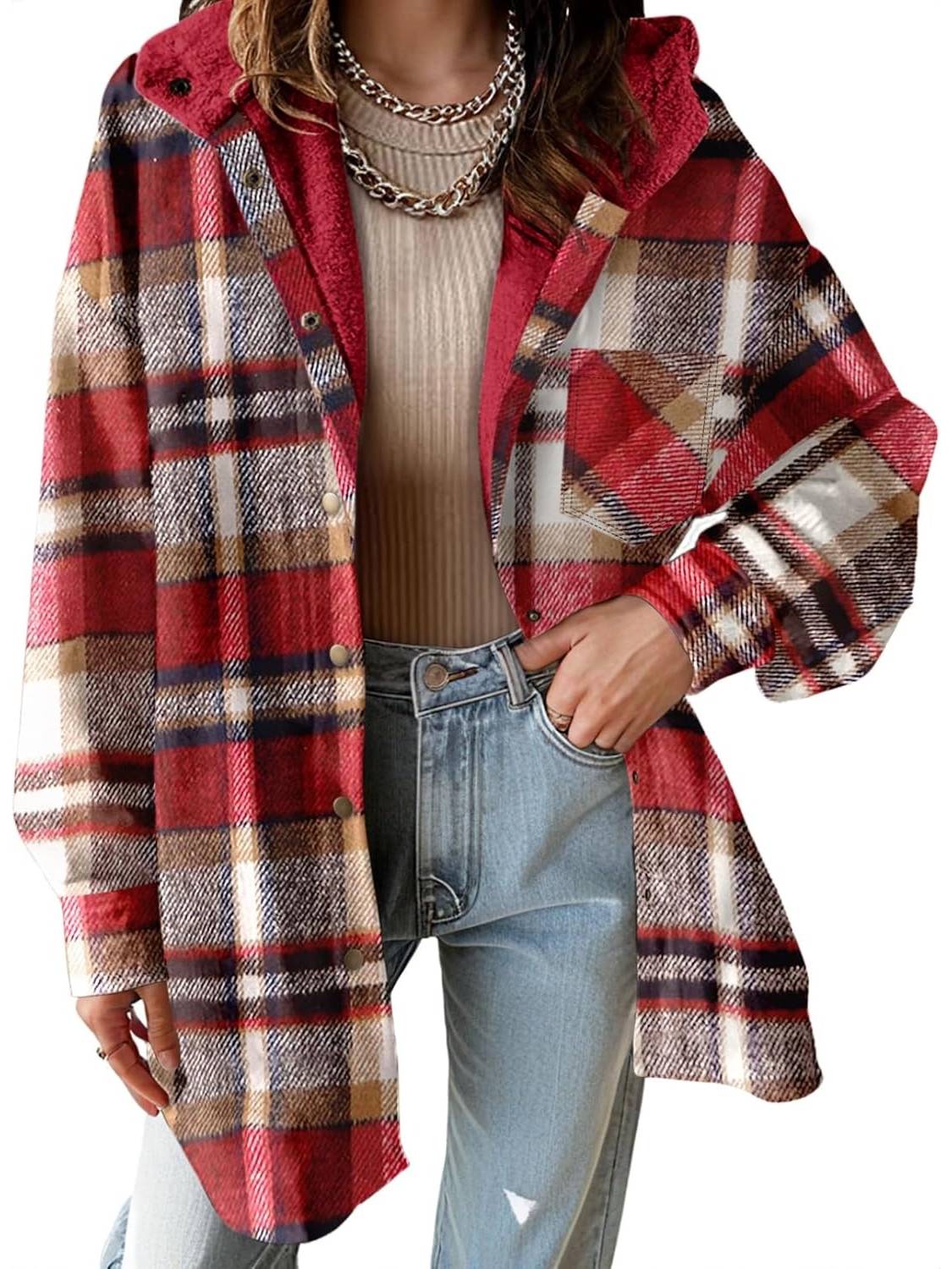 Women's Flannel Hooded Button down Fleece Plaid Shacket