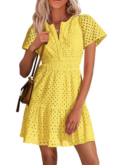 ⏰Hot Sale-Women's V Neck A Line Hollow Out Lace Dress