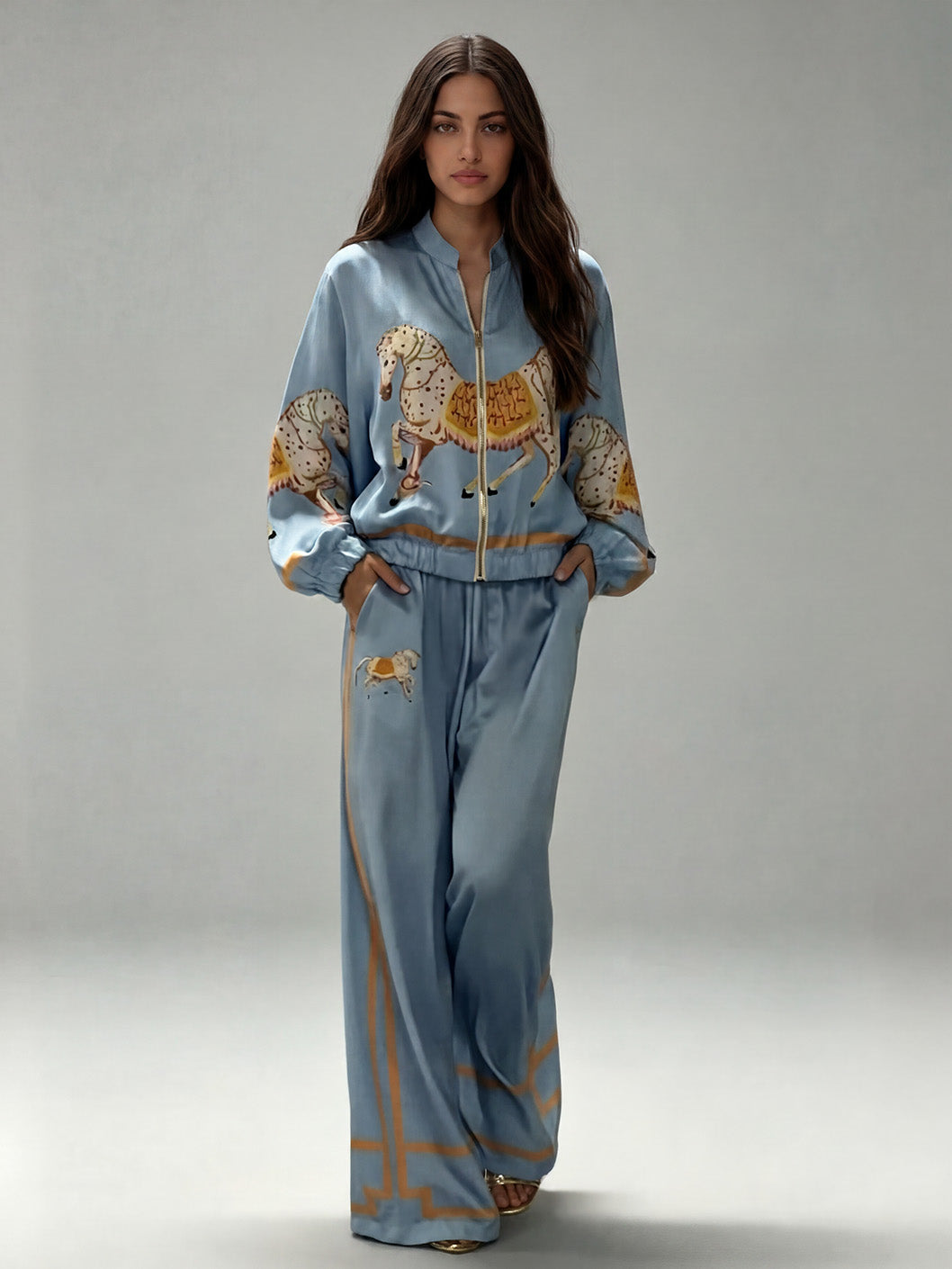 Exquisite Satin Horse Print Zip-Up Shirt