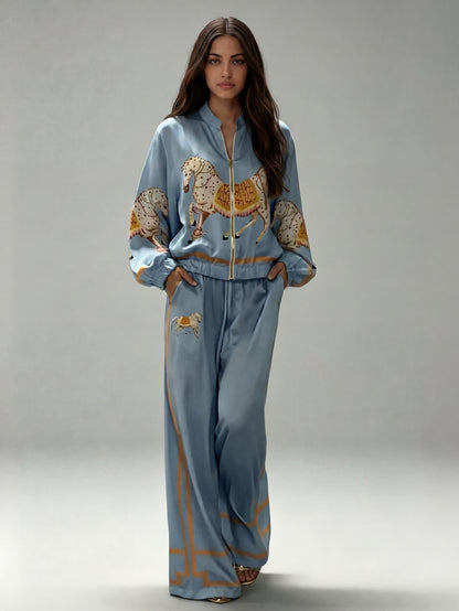 Exquisite Satin Horse Print Zip-Up Shirt