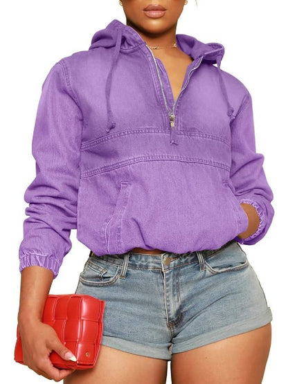 Women's Half Zip Denim Hoodie Pullover Jackets With Pocket