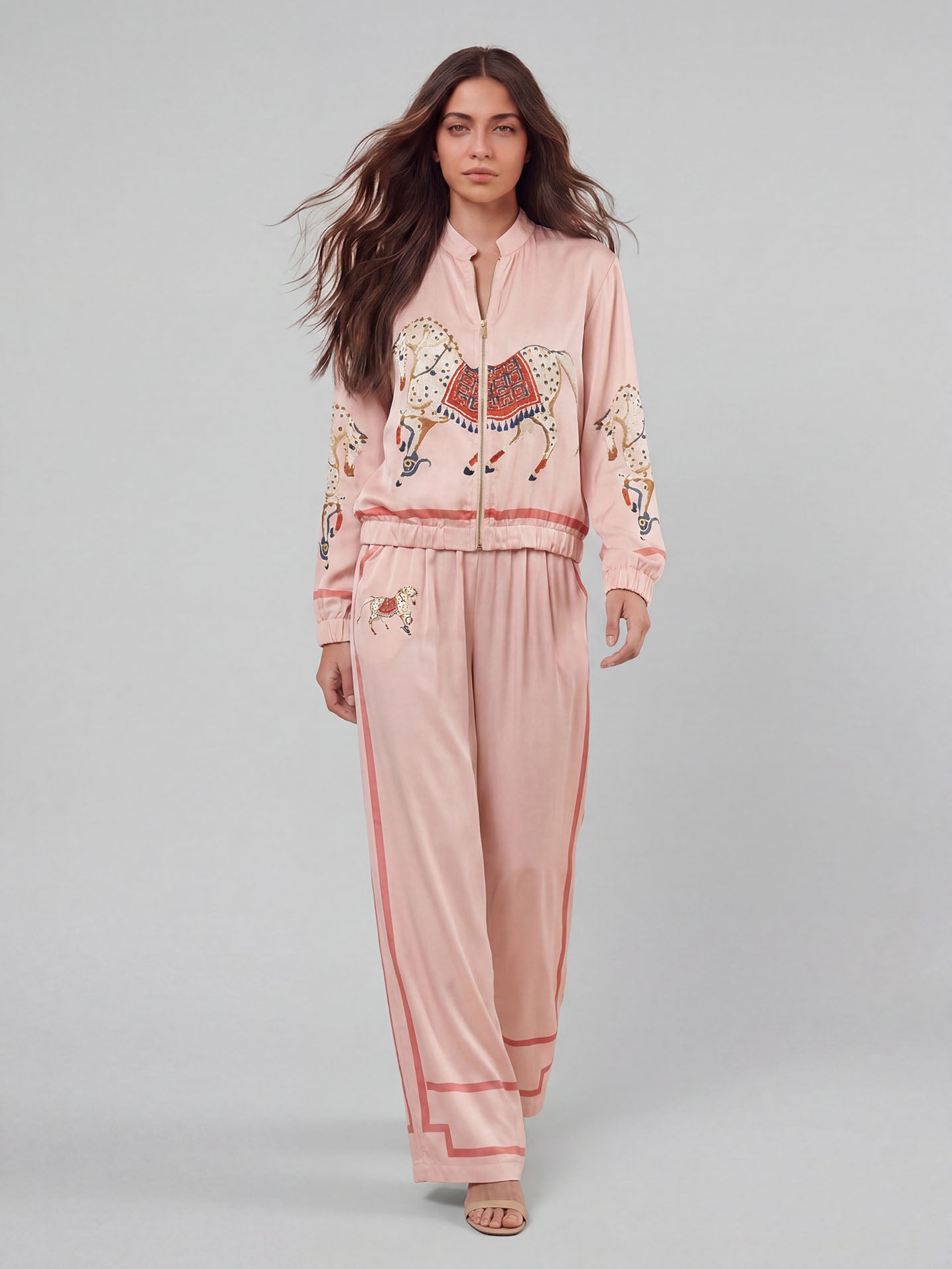 Exquisite Satin Horse Print Zip-Up Shirt
