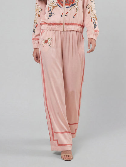Exquisite Satin Horse Print Zip-Up Shirt