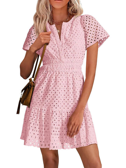 ⏰Hot Sale-Women's V Neck A Line Hollow Out Lace Dress