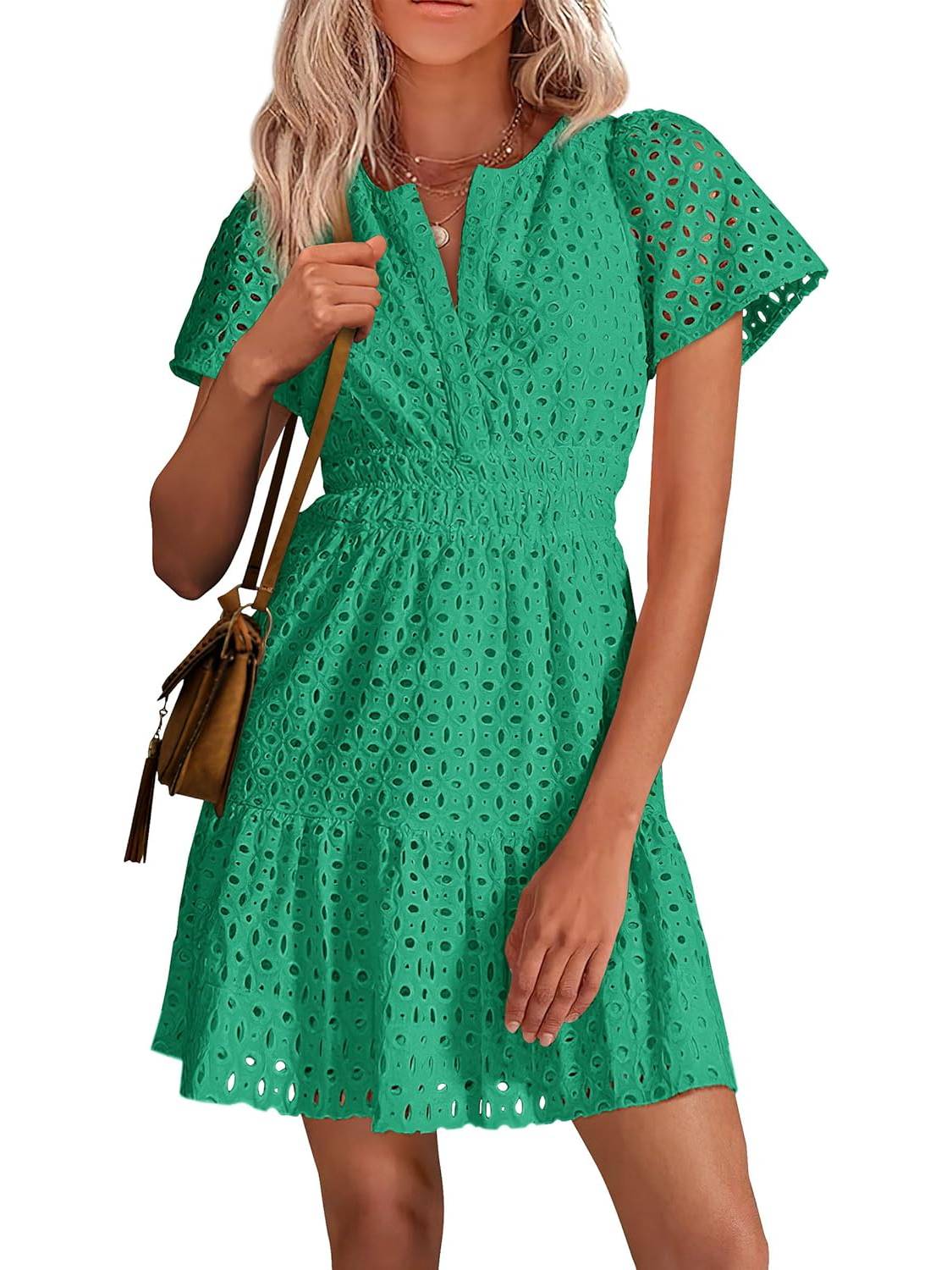 ⏰Hot Sale-Women's V Neck A Line Hollow Out Lace Dress