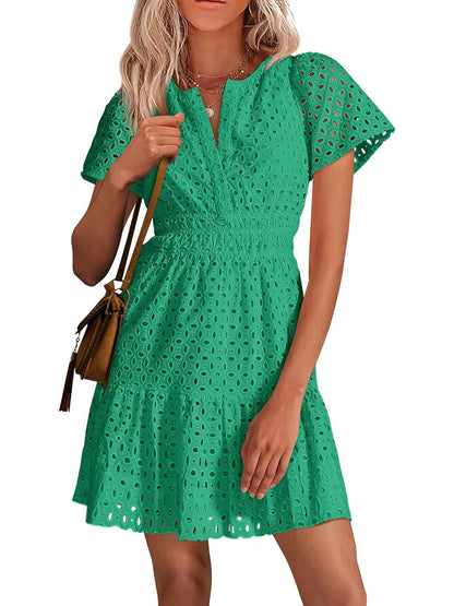 ⏰Hot Sale-Women's V Neck A Line Hollow Out Lace Dress