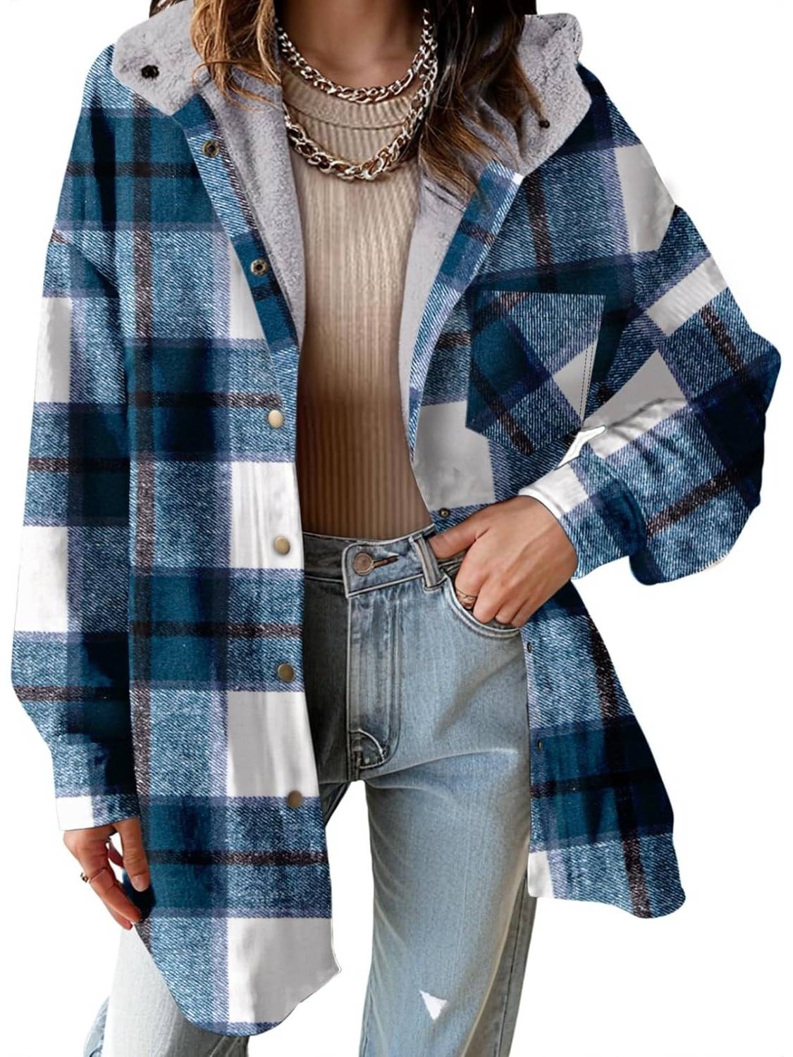 Women's Flannel Hooded Button down Fleece Plaid Shacket