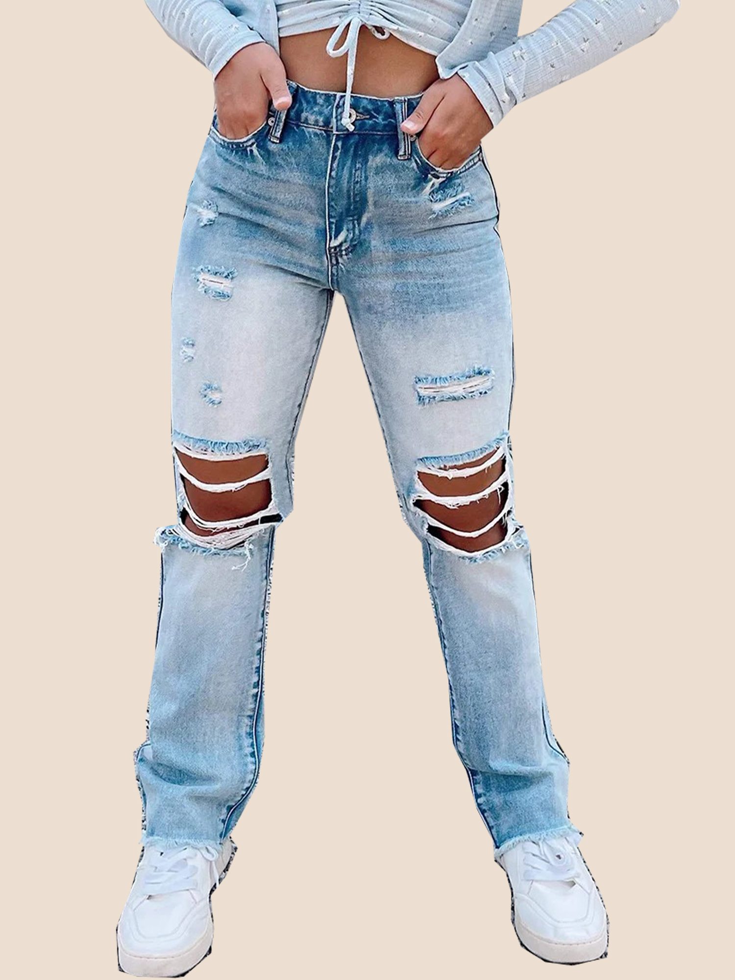 High Waist Frayed Hem Ripped Jeans