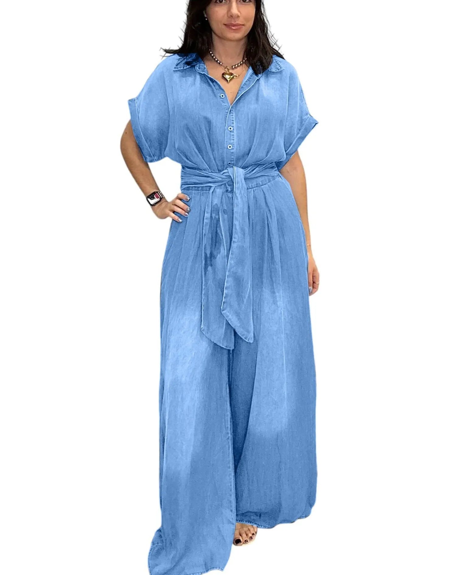 Casual Bat Sleeve Tie-Waist Tencel Denim Wide-Leg Jumpsuit