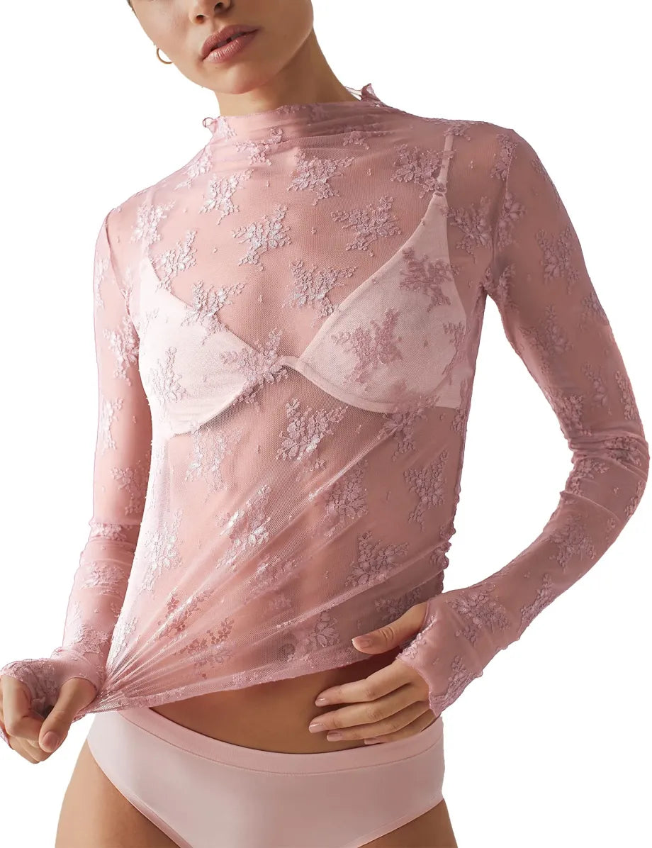 Women Long Sleeve Tops Sheer Lace Basic Shirt Casual Pullover for Fall Club Streetwear Aesthetic Clothes(Buy 3 Free Shipping)