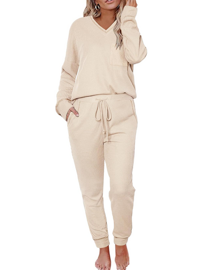 Women's V Neck Waffle Knit Two Piece Lounge Sets (Buy 2 Free Shipping)